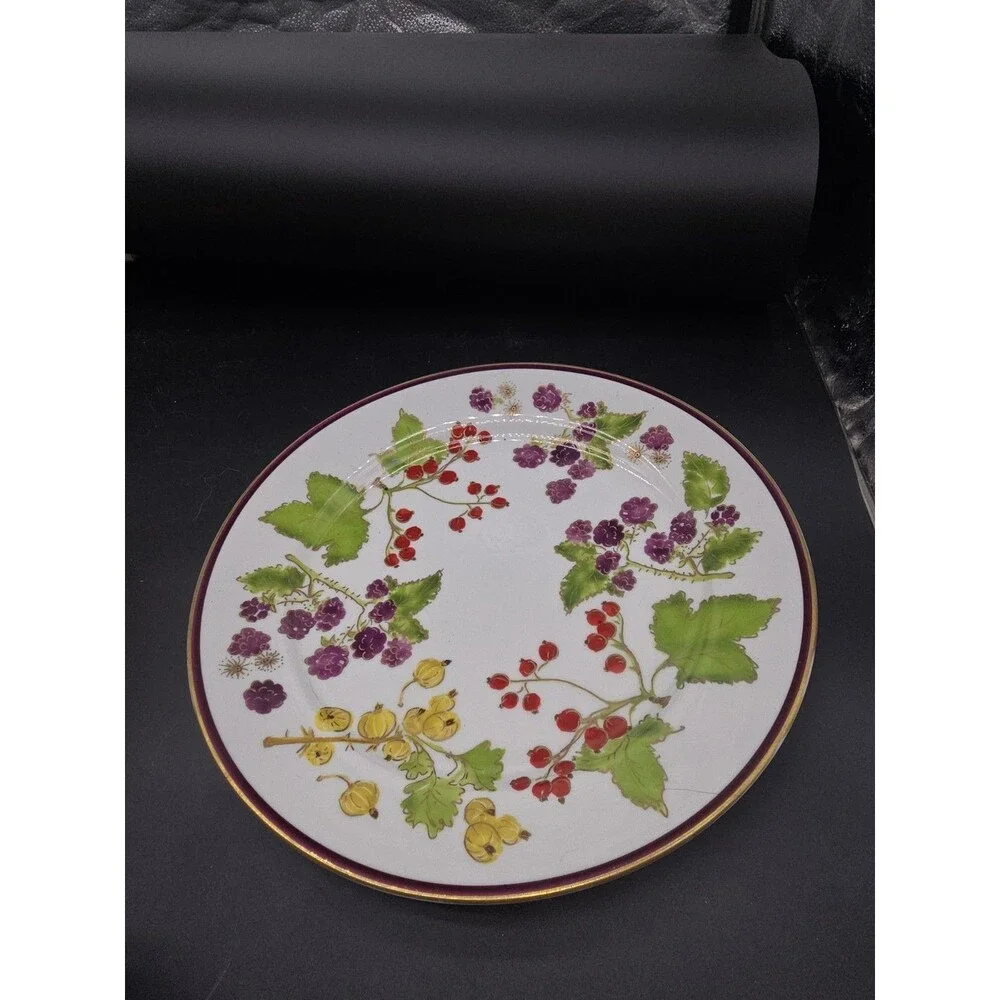 Crate & Barrel Raspberry & Holly Large Round Serving Platter /Plate Gold Rim 12